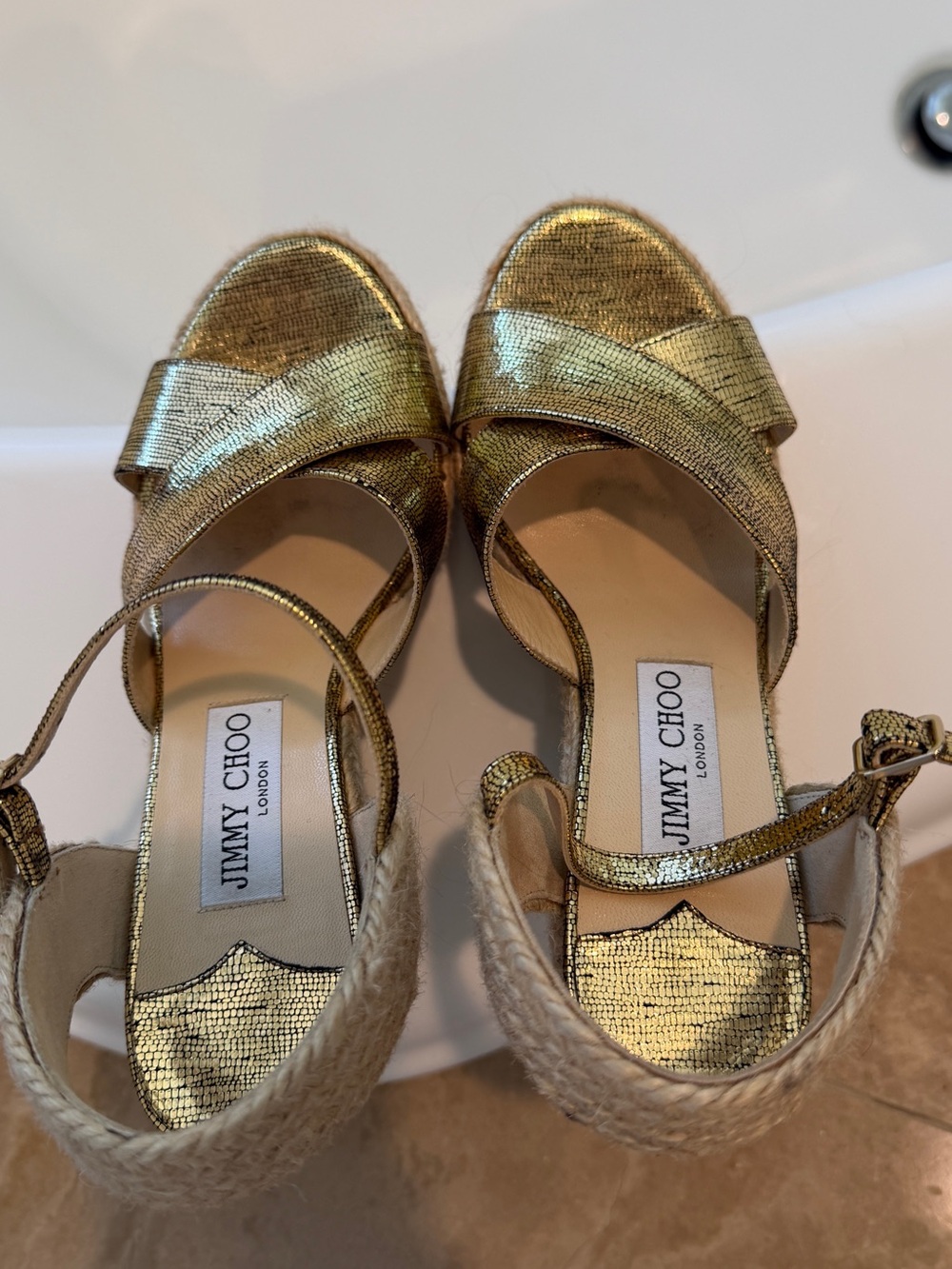 Jimmy Choo Metallic Gold Espadrille Wedge Sandals